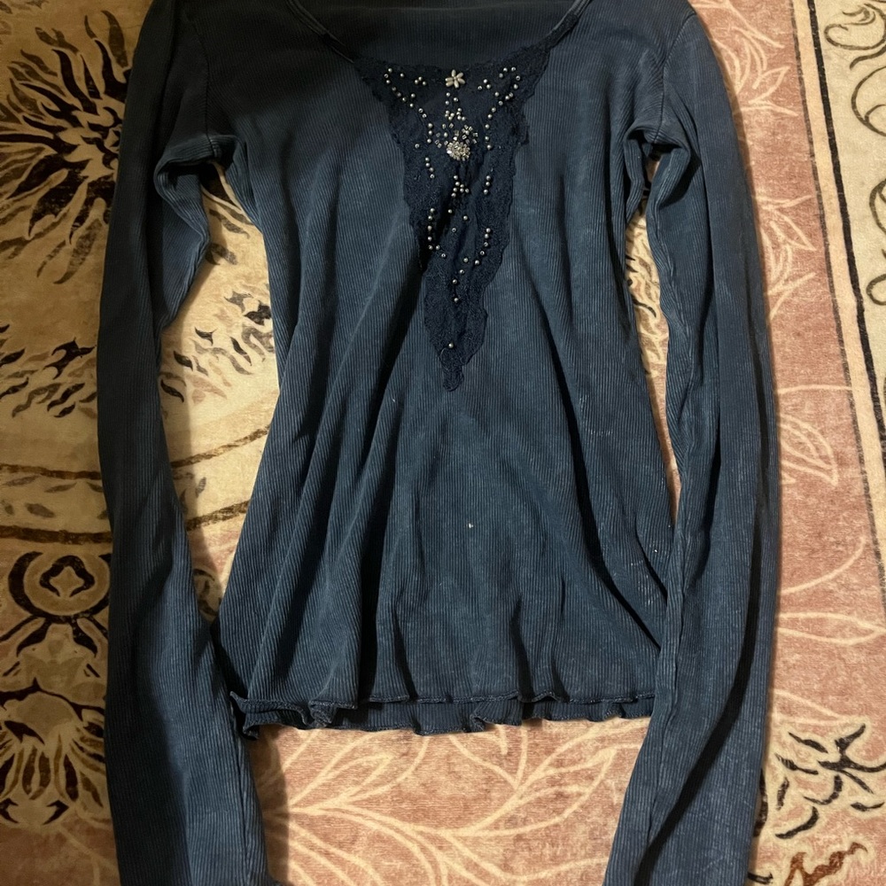 ONE WORLD Navy Long Sleeve Top with Lace Detail
